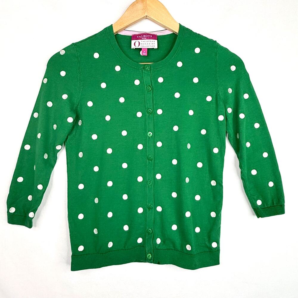 Talbots Petites The Oprah Magazine Collection Green Polka Dot Cardigan P